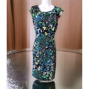Connected Apparel Faux Wrap Dress 10 Multicolor Floral Ruched Waist Drape Sheath